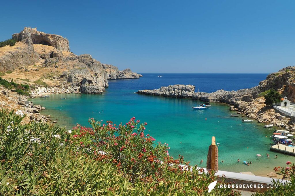 View to St. Pauls beach in Lindos and the Acropolis