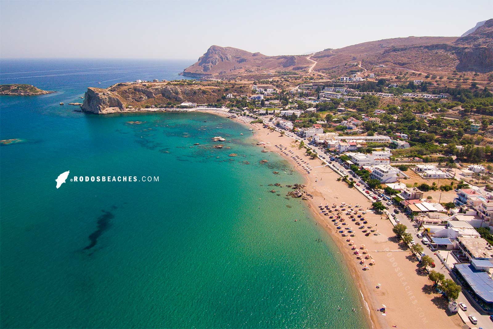 Stegna beach in Archangelos, Rhodes Greece aerial drone photo